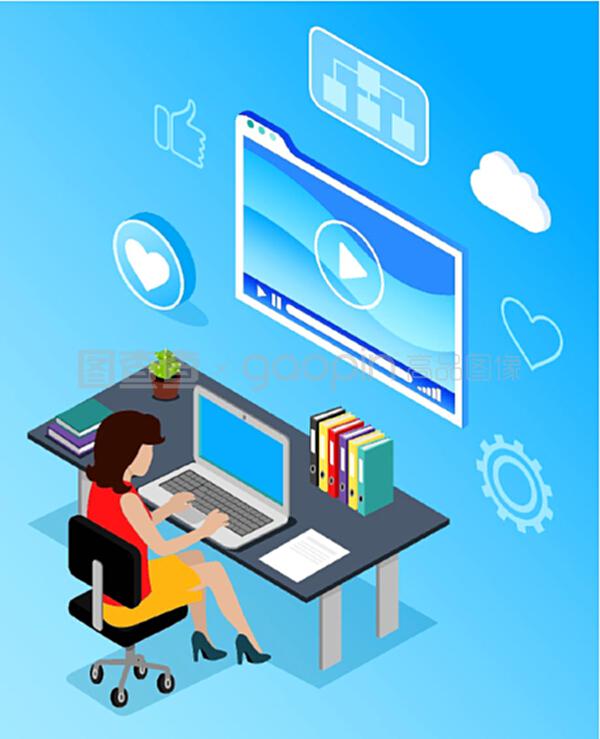 工作場所的商業(yè)網(wǎng)絡(luò)通信。辦公室使用手提電腦無線設(shè)備的女性。藍(lán)色的媒體顯示和互聯(lián)網(wǎng)圖標(biāo)像和云。PC向量的數(shù)字營銷專家。計(jì)算機(jī)向量的數(shù)字營銷專家